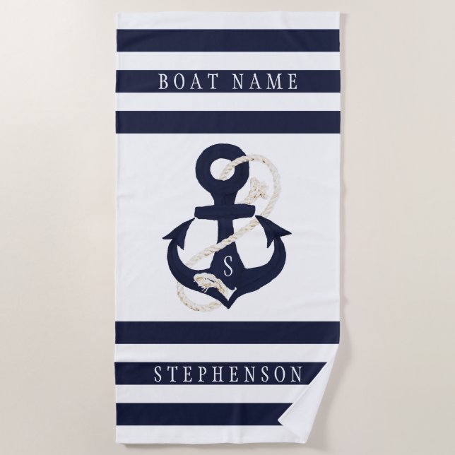 Name des Monogrammes Nautic Anchor Navy White Stri Strandtuch (Vorderseite)