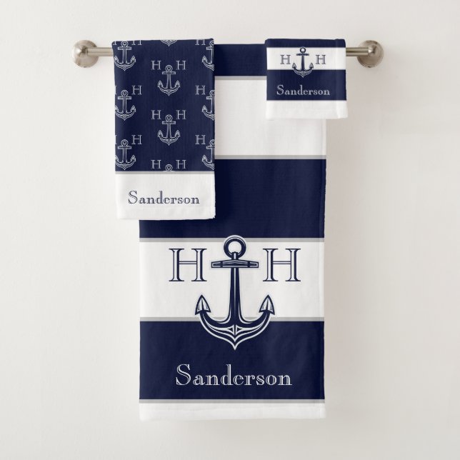 Name des Monogrammes Nautic Navy Blue Anchor Coast Badhandtuch Set (Insitu)