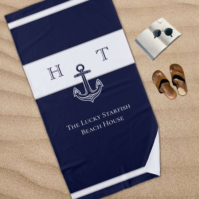 Name des Monogrammes Nautic Navy Blue Anchor Coast Strandtuch (Von Creator hochgeladen)