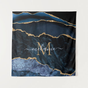 Name des Monogramms Agate Navy Blue Gold Marble Ta Wandteppich