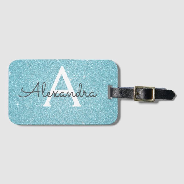 Name des Monogramms des aquamarinen blauen Glitzer Gepäckanhänger (Vorderseite (Horizontal))