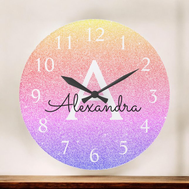 Name des Monogramms des Rainbow-Sparkels-Glitzer Große Wanduhr (Von Creator hochgeladen)