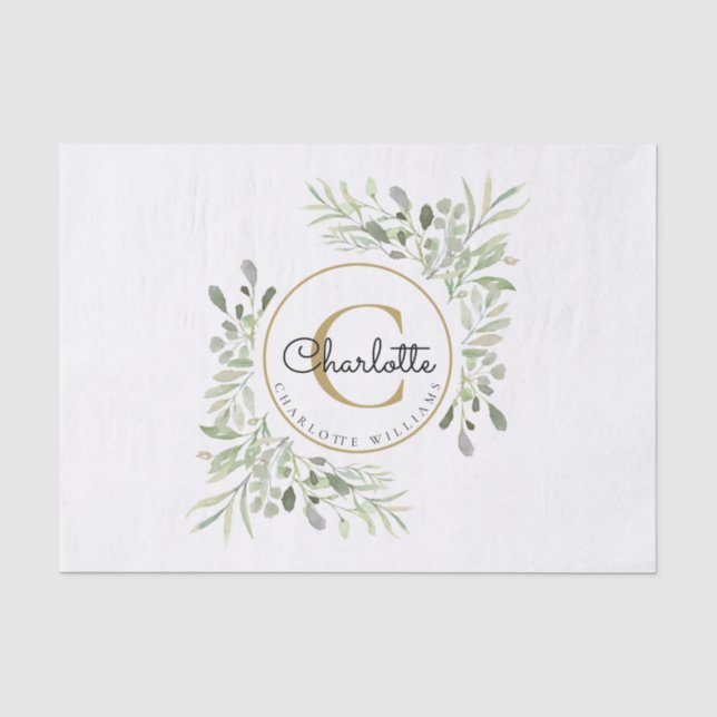 Name des Monogramms "Elegant Watercolor Greenerity Seidenpapier (Vorderseite)