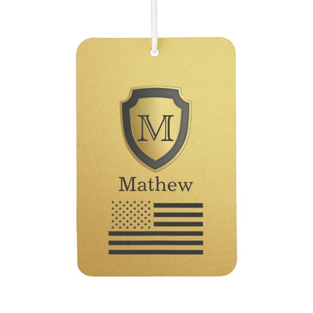 Name des Monogramms für das Black Gold Shield USA Autolufterfrischer (Vorderseite)