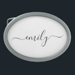 Name des Monogramms für das White Black Modern Ovale Gürtelschnalle<br><div class="desc">Schwarz und Weiß Einfache Script Monogram Name. Das macht den perfekten 16 Geburtstag,  Hochzeit,  Brautparty,  Jubiläum,  Babydusche oder Junggeselinnen-Abschied Geschenk für jemanden,  der Lieben glamourösen Luxus und schicke Stile.</div>