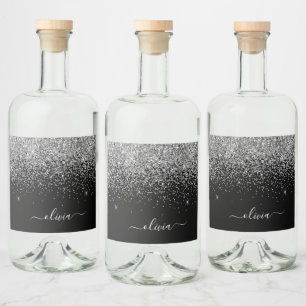 Name des Monogramms für den Black Silver Glitzer C Alkoholflaschenetikett