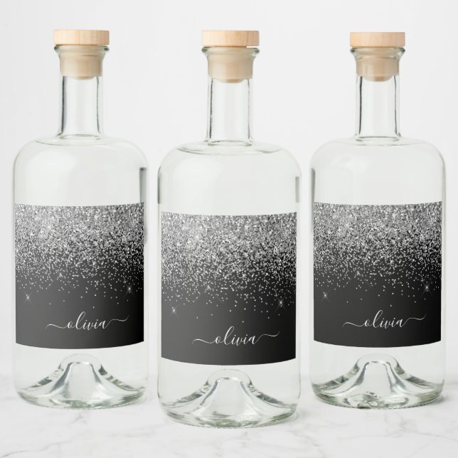 Name des Monogramms für den Black Silver Glitzer C Alkoholflaschenetikett (Flaschen)