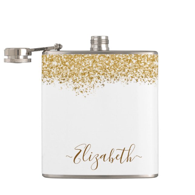 Name des Monogramms für den Elegangolden Glitzer Flachmann (Geöffnet)