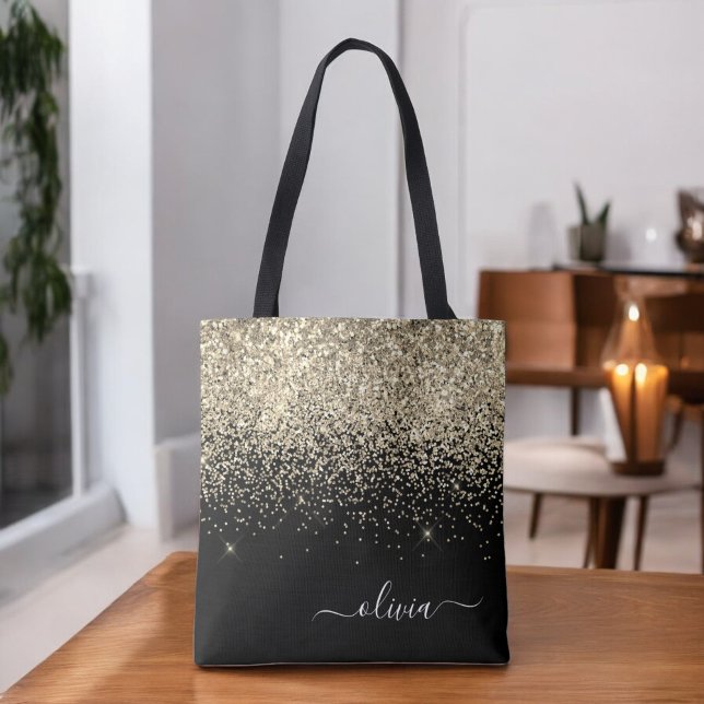 Name des Monogramms für den Gold Black Girl Glitze Tasche (Von Creator hochgeladen)