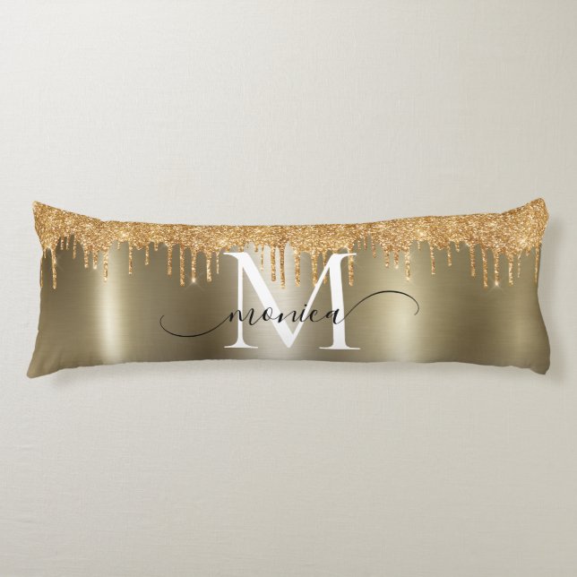 Name des Monogramms für den Gold-Glitzer-Tropfen Seitenschläferkissen (Vorderseite)