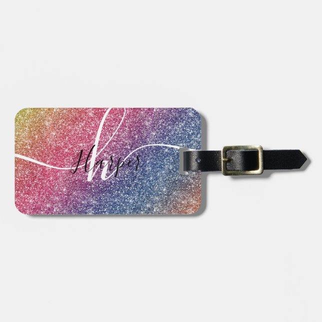 Name des Monogramms für den Rainbow-Glitzer Gepäckanhänger (Vorderseite horizontal)