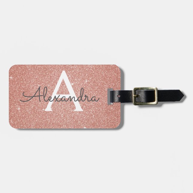 Name des Monogramms für den Rose-Gold-Glitzer Gepäckanhänger (Vorderseite horizontal)