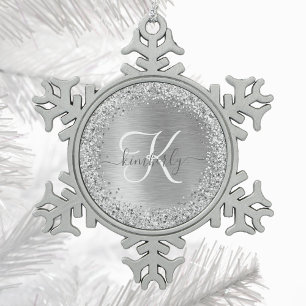 Name des Monogramms für den silberfarbenen Glitzer Schneeflocken Zinn-Ornament