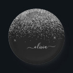 Name des Monogramms für den Silver Black Girl Glit Pappteller<br><div class="desc">Monogram Name und Teller des Initial Party Monogram und Schwarz Sparkle Glitzer. Das macht den perfekten 16 Geburtstag,  Hochzeit,  Brautparty,  Jubiläum,  Babydusche oder Junggeselinnen-Abschied Geschenk für jemanden,  der Lieben glamourösen Luxus und schicke Stile.</div>