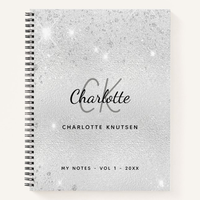 Name des Monogramms für den Silver Glitzer Notizbuch (Vorderseite)