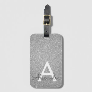 Name des Monogramms für den Silver Sparkle-Glitzer Gepäckanhänger
