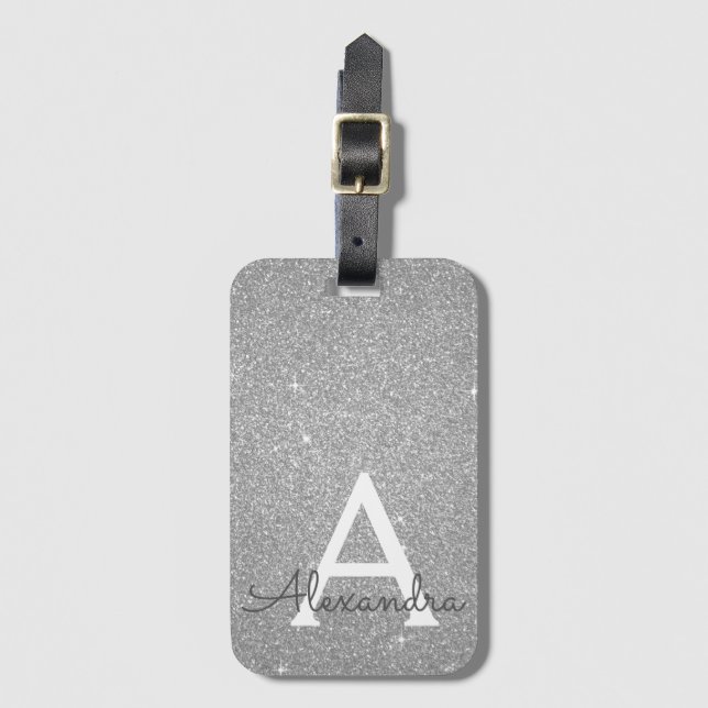 Name des Monogramms für den Silver Sparkle-Glitzer Gepäckanhänger (Vorderseite Vertikal)