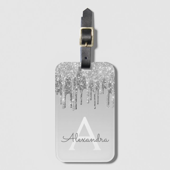 Name des Monogramms für den Silver Sparkle-Glitzer Gepäckanhänger (Vorderseite Vertikal)