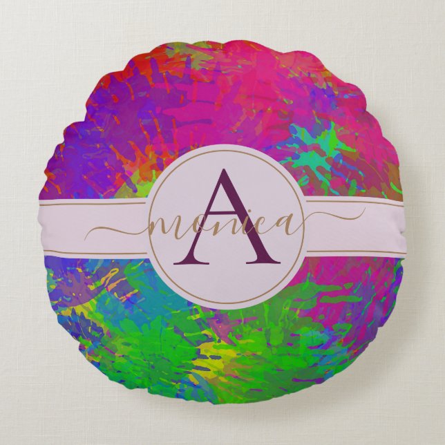 Name des Monogramms für die abstrakte farbige Gefä Rundes Kissen (Vorderseite)