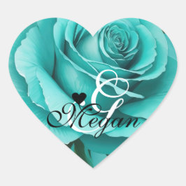 Name des Monogramms für die aquamarine Rose Herz-Aufkleber