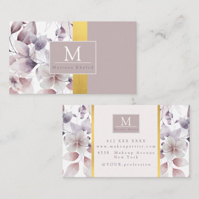 Name des Monogramms für die Floral Lila und gold Visitenkarte (Vorne/Hinten)