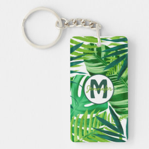 Name des Monogramms für grüne tropische Blätter Schlüsselanhänger