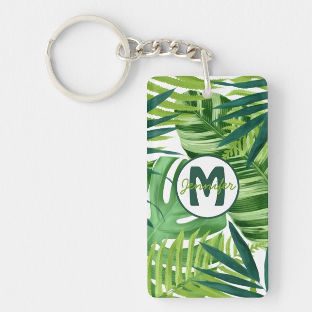 Name des Monogramms für grüne tropische Blätter Schlüsselanhänger (Vorderseite)