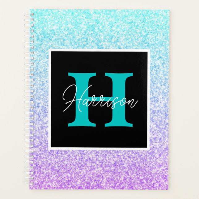 Name des Monogramms für lila und blauen Glitzer Pe Planer (Vorderseite)