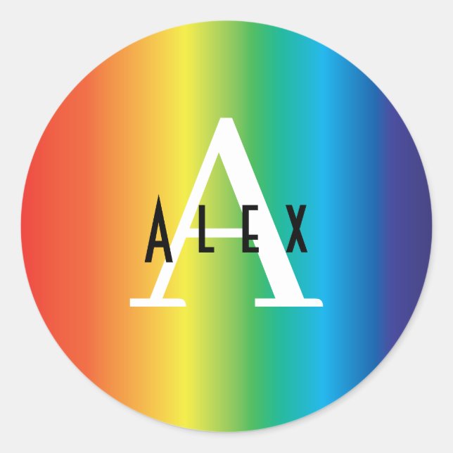 Name des Monogramms für moderne Regenbogenfarben + Runder Aufkleber (Vorderseite)