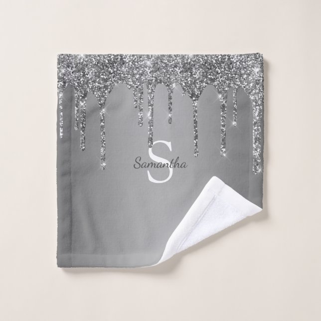Name des Monogramms für Tropfen des Silver Glitzer Badhandtuch Set (Waschlappen)