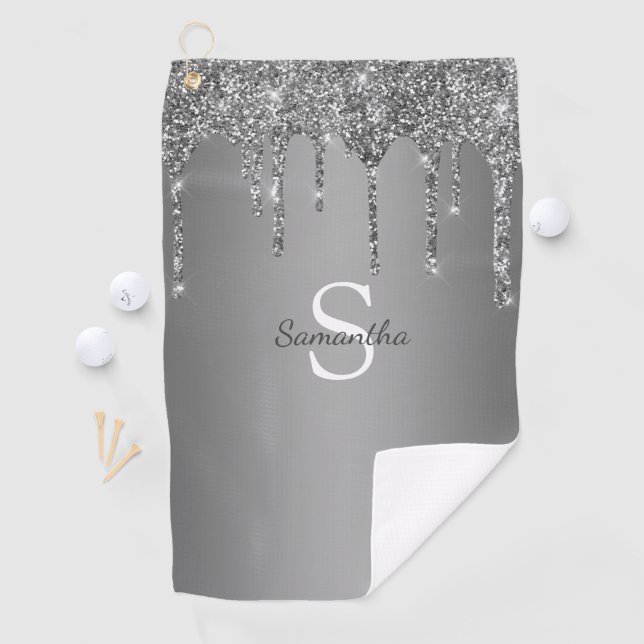 Name des Monogramms für Tropfen des Silver Glitzer Golfhandtuch (Insitu)