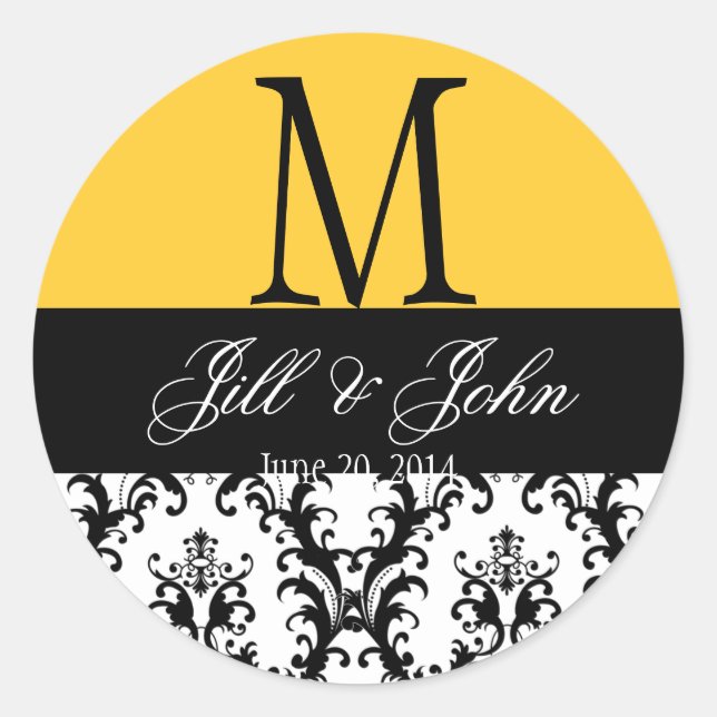 Name des Monogramms Hochzeitdatums Damask Gelbes S Runder Aufkleber (Vorderseite)