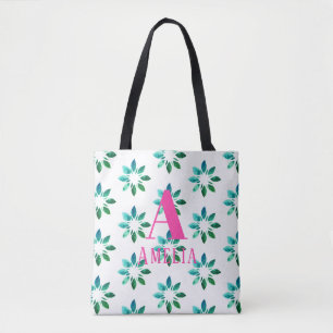 Name des Monogramms Rosa grüne Retro Blumenfarbe Tasche