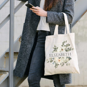 Name des Monogramms "White Floral and Greenery Bri Tragetasche