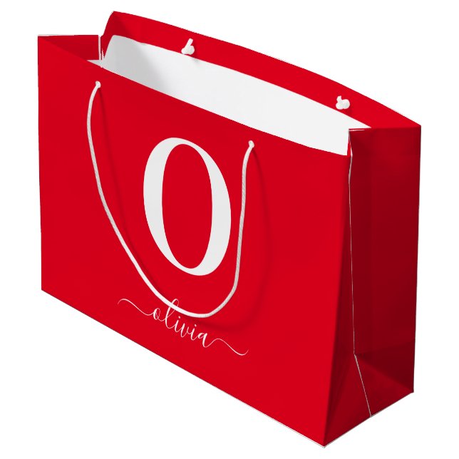 Name des Monogrammskripts Personalisiert rot und w Große Geschenktüte (Rückseite Schrägansicht)