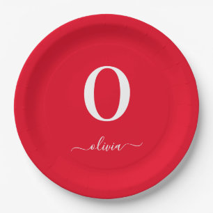 Name des Monogrammskripts Personalisiert rot und w Pappteller