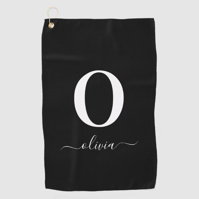 Name des Monogrammskripts Personalisiert schwarz u Golfhandtuch (Vorderseite)