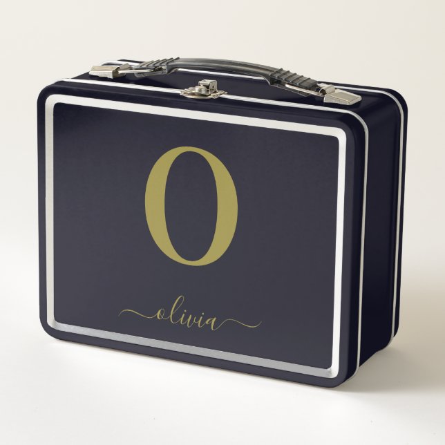 Name des Monogrammskripts Personalisiert Schwarz u Metall Brotdose (Vorderseite)