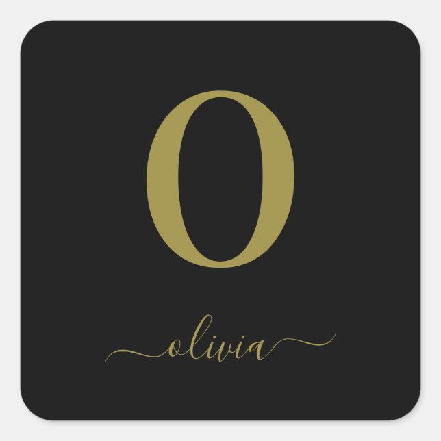 Name des Monogrammskripts Personalisiert Schwarz u Quadratischer Aufkleber (Vorderseite)