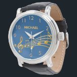 Name des Musiknotens Armbanduhr<br><div class="desc">Einfach und elegant für Musikliebhaber oder Musiker! Navy Hintergrund mit Imitaten Gold Musiknoten. Vorlage für Ihren Namen,  goldene Buchstaben. Goldene Uhrennummern.</div>