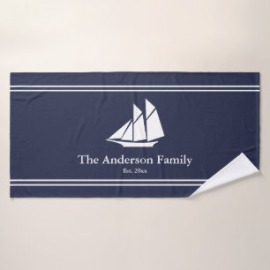 Name des nautic Midnight Blue & White Sailboat Badhandtuch Set