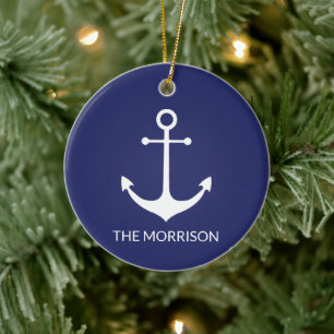 Name des nautischen Ankerschiffes, blau weiß, Cust Keramik Ornament