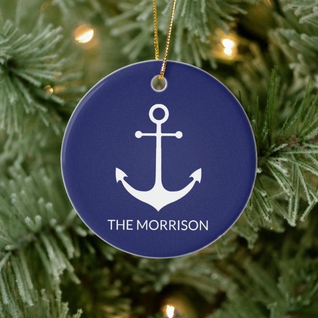 Name des nautischen Ankerschiffes, blau weiß, Cust Keramik Ornament (Baum)