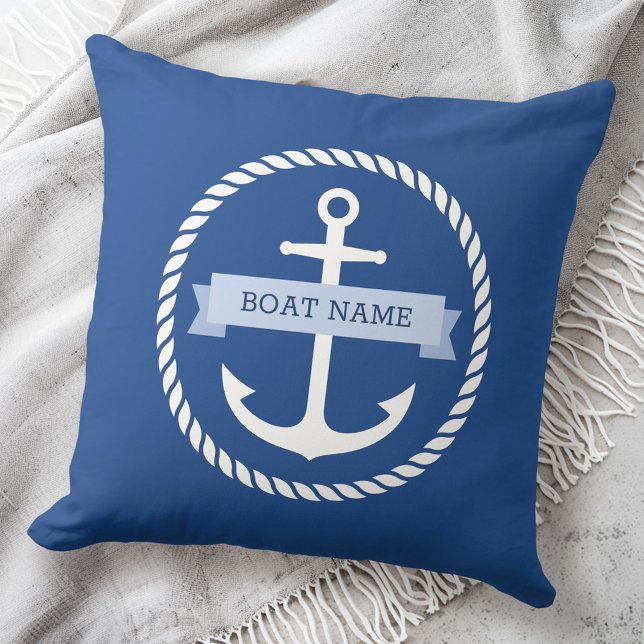 Name des nautischen Ankerseils auf dem Banner Kissen (Nautical anchor rope border boat name on banner throw pillow)