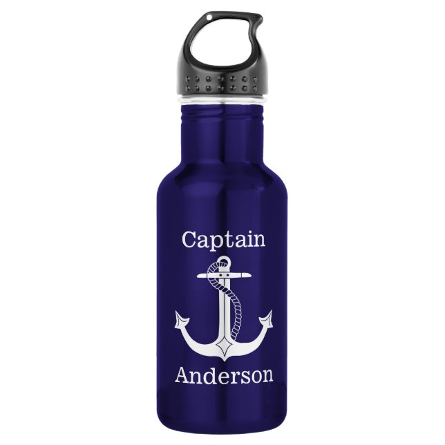 Name des nautischen Hauptmanns Weißer Anker Edelstahlflasche (Vorderseite)
