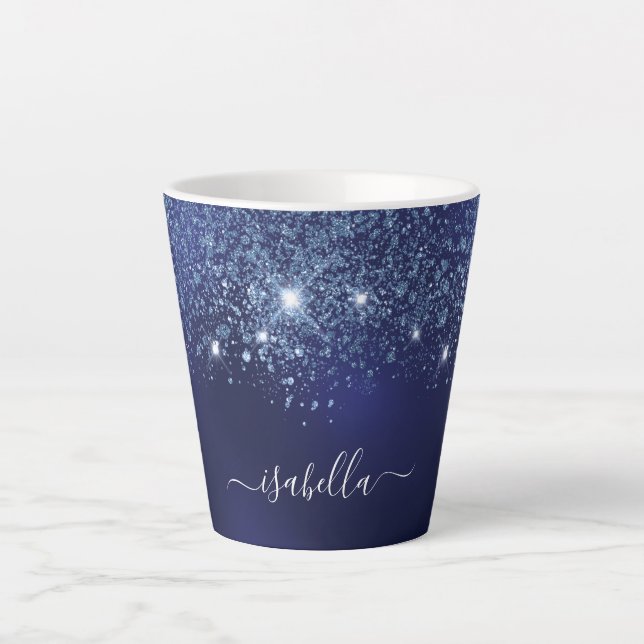 Name des Navy Blue Glitzer Monogram Skripts Milchtasse (Vorderseite)