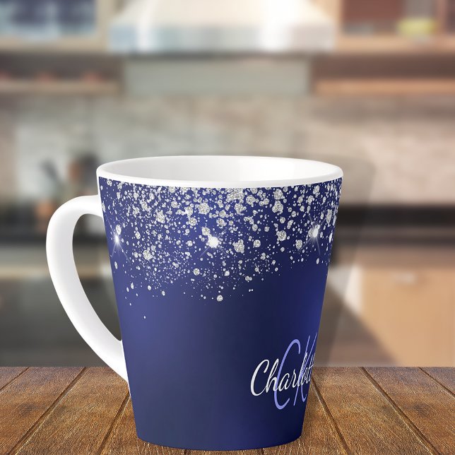Name des Navy Blue Glitzer Monogram Skripts Milchtasse (Von Creator hochgeladen)