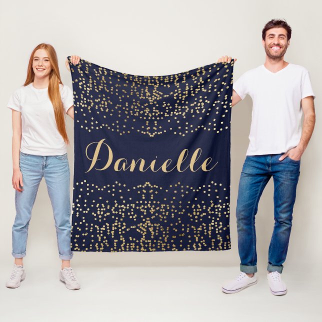 Name des Navy Blue Gold Confetti Monogram Fleecedecke (Beispiel)