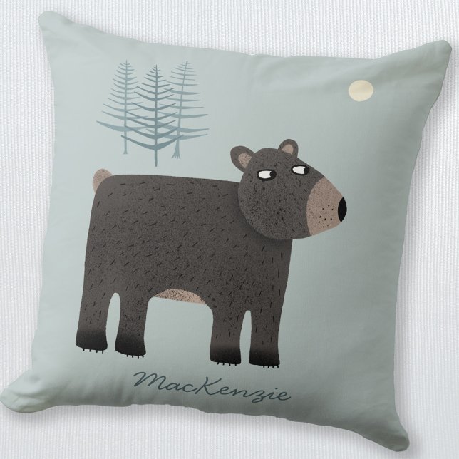 Name des niedlichen Bärenwaldes Kissen (Personalized name bear with moon and trees throw pillow)