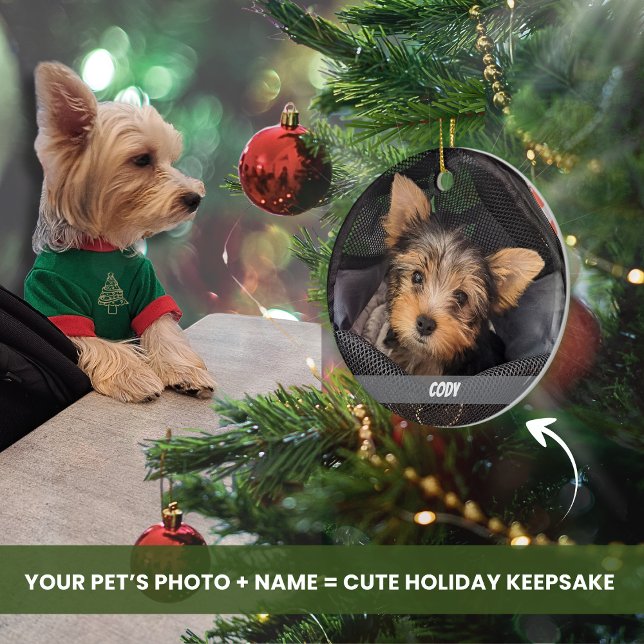 Name des niedlichen Begleiters des Fotos oder des  Keramik Ornament (Cute Custom Pet Dog or Cat Photo with Personalized Pet Name Holiday Christmas Ceramic Ornament .)